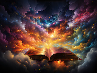 Wall Mural - open book with galaxy milky way stars other dimension cloud space. generative ai