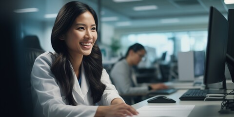 Wall Mural - Portrait of a young woman in a white coat working at a computer in a laboratory