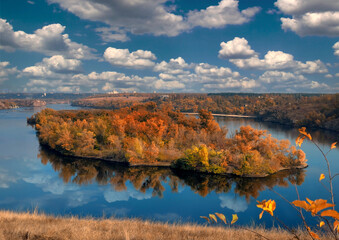 Wall Mural - Autumn Forest river landscape. Ukraine. Baida island. Dnepr