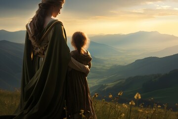 fantastic ancient dreamly pagan field, mountainous landscape in the background, a woman wearing  simple pagan dress with a child in her arms in the middle, divine light, hyperrealism fantasy. generati