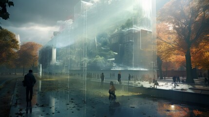 Wall Mural - Observe the deployment of holographic barriers to shield a virtual city from devastating floods