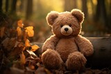 Fototapeta  - Teddy Bears Basking in Sunlight: A Serene Field of Plush Companions, the charm of childhood and the peaceful serenity that comes with the company of soft, huggable friends in a natural setting.