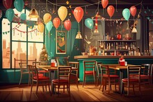 Retro Illustration Of A Stylized New Year's Eve Cafe With Vintage Furniture