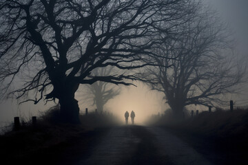 Wall Mural - Horror, fantasy, states of mind concept. Two human silhouettes walking on empty winding road during dense fog at night. Old big without leaves tree silhouettes growing in both sides of the road