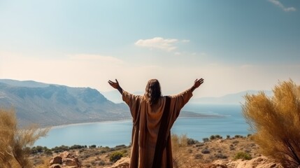 Old prophet in robe with beard prays smiling with widely spread arms raised to sky standing on hill by lake. Old happy prophet prays to God for good harvest on top of mountain near reservoir