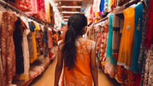 A Young Indian Girl In A Sari Is Shopping At A Clothing Bazaar. Back View. Blurred Background.