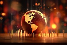 The Globe With Financial Charts And Graphs On A Light Textured Background, Vibrant Stage Backdrops, Dark Amber And Red, Bokeh Panorama