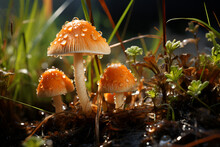 Hyper Realistic Mushrooms With Dew Drops In Forest Grass Generated AI