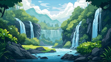 Nature Landscape Background With Waterfall And Mountains. Vector Illustration In Flat Style
