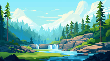 Wall Mural - nature landscape background with waterfall and mountains. vector illustration in flat style