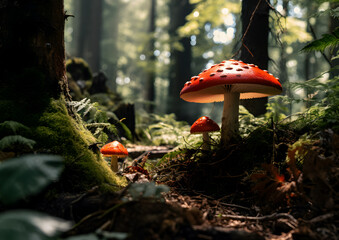 Poster - Magical red-capped mushrooms nestled among the moss in a sun-dappled forest