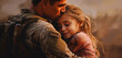 Male soldier returning from war or army embrace his daughter. Happiness to be together, coming home, daddy came back from the war. 
