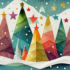 Poster - White background with paper texture. Colorful and stylized Christmas trees and stars - Seamess texture tiles