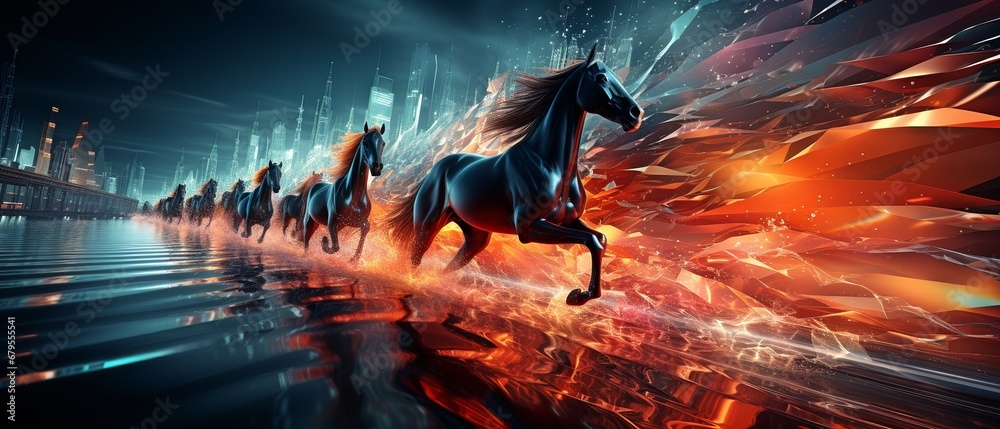 Neon light speed line, neon light horses galloping across a futuristic ...