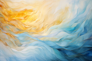 Wall Mural - Abstract ocean wave with sun and sky, curvy lines and fluid swirls. Copy space, backdrop for text. Happy blue, yellow pastel colors summer sky vacation background, watercolor graphic resource 