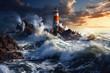 Sea landscape with a lighthouse tower and stormy sea waves breaking over rocky island coast
