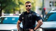 Portrait serious young man cops stand near patrol car look at camera enforcement background his colleague happy officer police uniform auto safety control policeman close up slow motion 