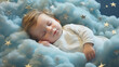 sleeping little child in a crib in the clouds 