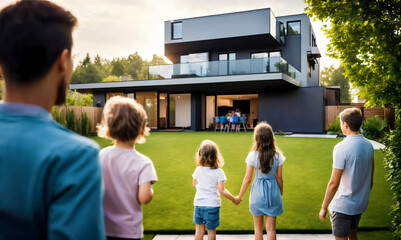 back, rear view of Happy young family with two 3 kids, children 5 five persons standing looking of new illuminated modern futuristic house with young girl. rural scene. exterior privat home.