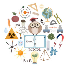 school science illustration, physics, biology, mathematics, chemistry supplies clipart set, educatio