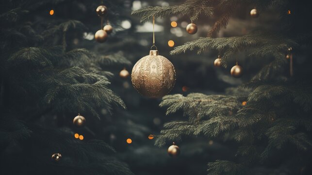 Generative AI, Christmas tree with balls, blurred background, holiday decoration	