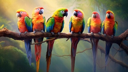 Wall Mural - A group of colorful parrots perched on a tree branch, their vibrant feathers glowing in the sunlight.