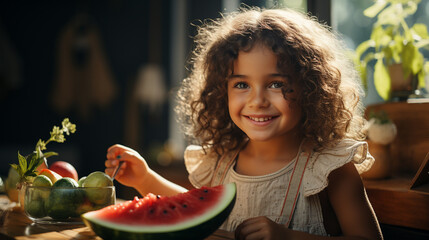 Wall Mural - Small girl eating a slice of watermelon.