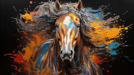 Wall Mural - painting of a horse face with colorful paint splatters