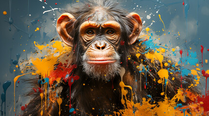 Wall Mural - painting of a monkey face with colorful paint splatters