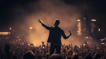 Unrecognizable singer male standing on stage in concert with crowd of people, live music with audience hold smartphone taking picture, musician man on tour with spot light in city night background