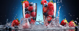 Fresh forest berries in two clear glasses with water splash on blue background.