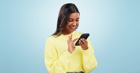 Aufkleber - phone, networking and young woman in studio typing message on social media or mobile app. technology