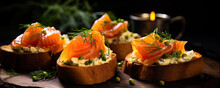 Fresh Canapes Topped With Cheese, Smoked Salmon On Bread.