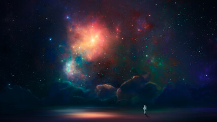 Wall Mural - space background. astronaut standing on reflection surface with colorful fractal nebula. digital pai