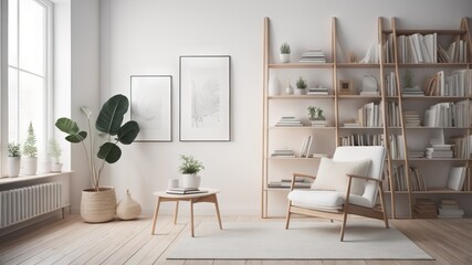 Wall Mural - Wooden ladder shelf and white armchair in scandinavian interior design of modern living room