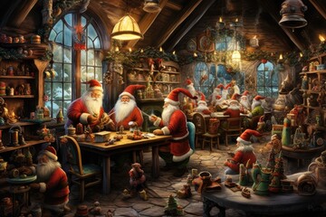 Wall Mural - Santa's Workshop, bustling with elves making toys.