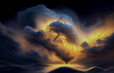 Wall Mural - abstraction sky fog sunset with golden iridescence