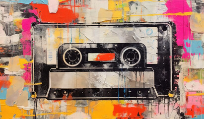 Wall Mural - Generative AI, Grunge audio tape cassette, pop art graffiti, vibrant color. Ink melted paint street art on a textured paper vintage background	