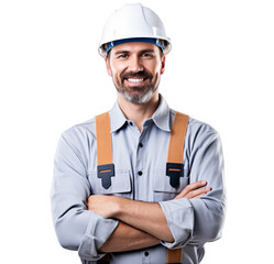 portrait of arms crossed male engineer showing pride in his profession or job isolated on a transparent background, a professional chief engineer, contractor, or architect photo PNG 