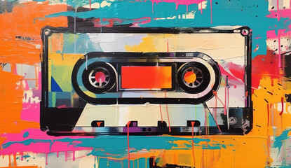 Wall Mural - Generative AI, Grunge audio tape cassette, pop art graffiti, vibrant color. Ink melted paint street art on a textured paper vintage background	