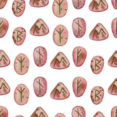 Seamless watercolor pattern. Runes and divination stones are drawn in pink and brown watercolors on a transparent background. Suitable for printing on fabric and paper, for design and scrapbooking.