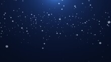 Flying Snow And Snowflakes On A Blue Background. 4K Motion Graphics. Snowfall Overlay, Background - Winter, Effect Of Slowly Falling Snow. Abstract Snowflakes. Seamless Loop. Winter Weather Animation.