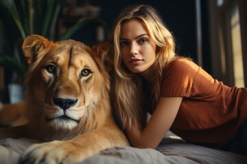 Wall Mural - Beautiful woman is laying and hugging lion.