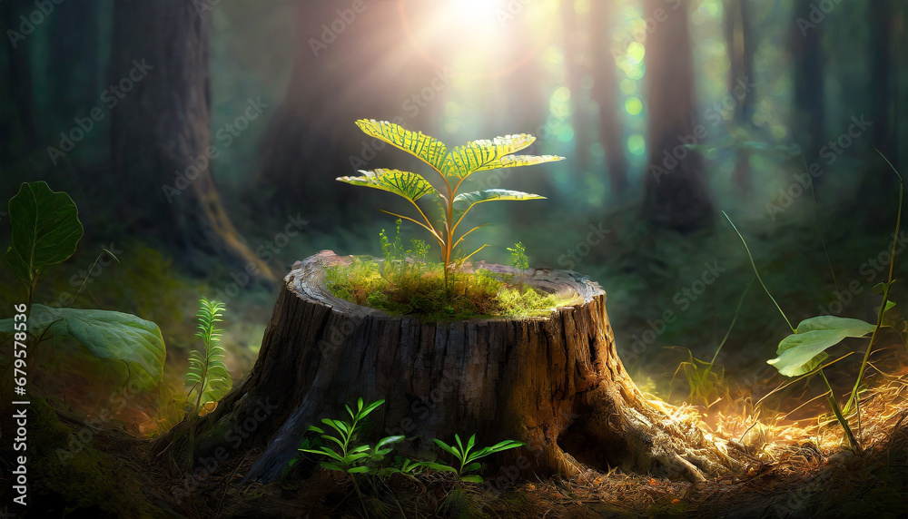 A young tree (small plant with green leaves), sprouting from an old ...