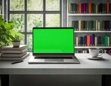 Fototapeta Dmuchawce -  laptop green screen on a bookshelf in an office; concept of work at home