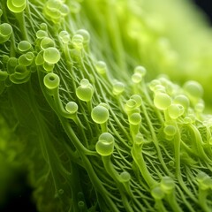 AI generated illustration of an underwater scene with tiny green plants amongst a bed of algae