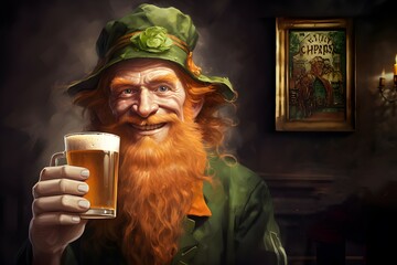 Wall Mural - man with green top hat and a beer, on St. Patrick's Day 