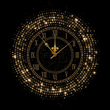 Shiny Vintage Gold Clock Face With Glitters . Golden Elegant Roman Numerals Clock Isolated On Black Background. Realistic Classical Watch With Dial And Roman Numbers. New Year, Christmas Design