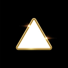 Fototapete - 3d plate button of triangle shape with golden frame vector illustration. Realistic isolated website element, golden glossy label for game UI, badge of navigation menu with shiny light effect border