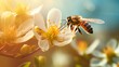 Generative AI image of A bee in nature pollinates a flower, working outdoors 
